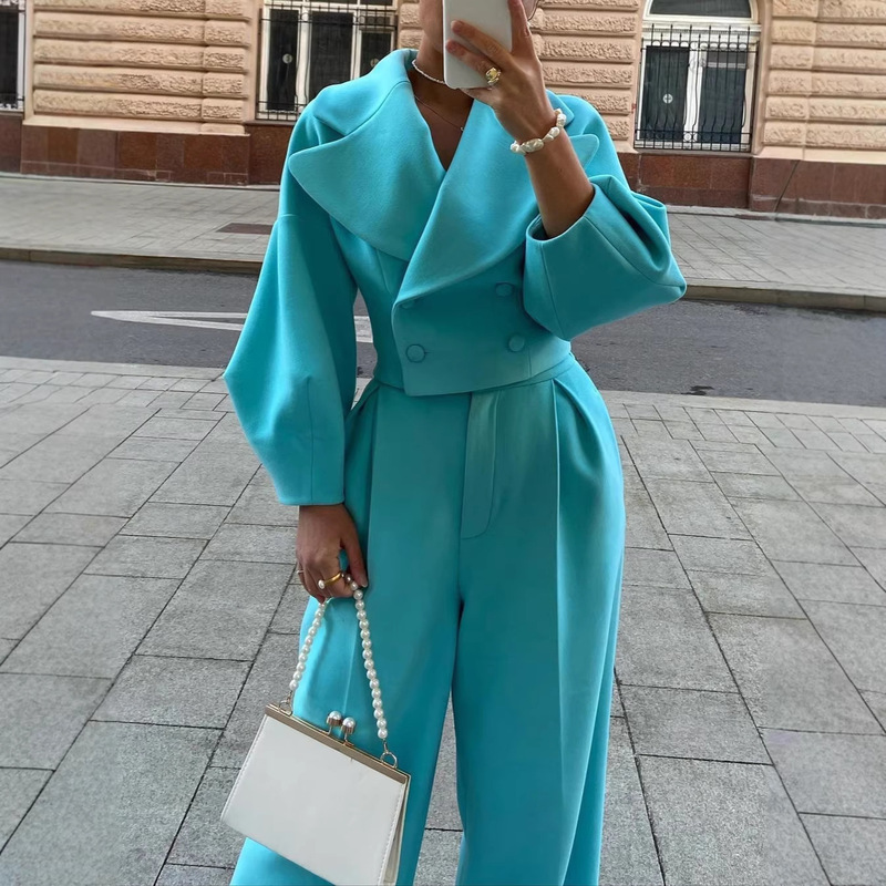 2025 European and American Cross-Border Autumn and Winter New Pure Color Lapel Woolen Tops Casual Pants Fashionable Elegant Commuter Suit