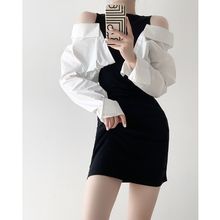 假两件黑色露肩连衣裙女2024年秋冬新款设计感辣妹包臀裙短裙裙子