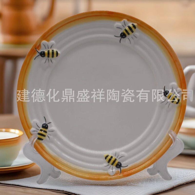 Embossed Little Bee Hand-Painted Ceramic High-Value Snack Cake Plate Western Food Plate Creative Home Dish Plate Round Dinner Plate