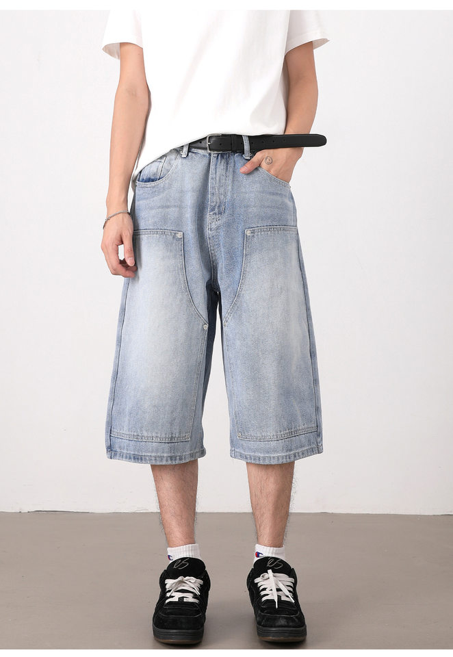 Quần jean nam ống suông rộng lửng giặt mài phong cách retro — Denim đen, Xanh nhạt, Xanh đậm chi tiết 10