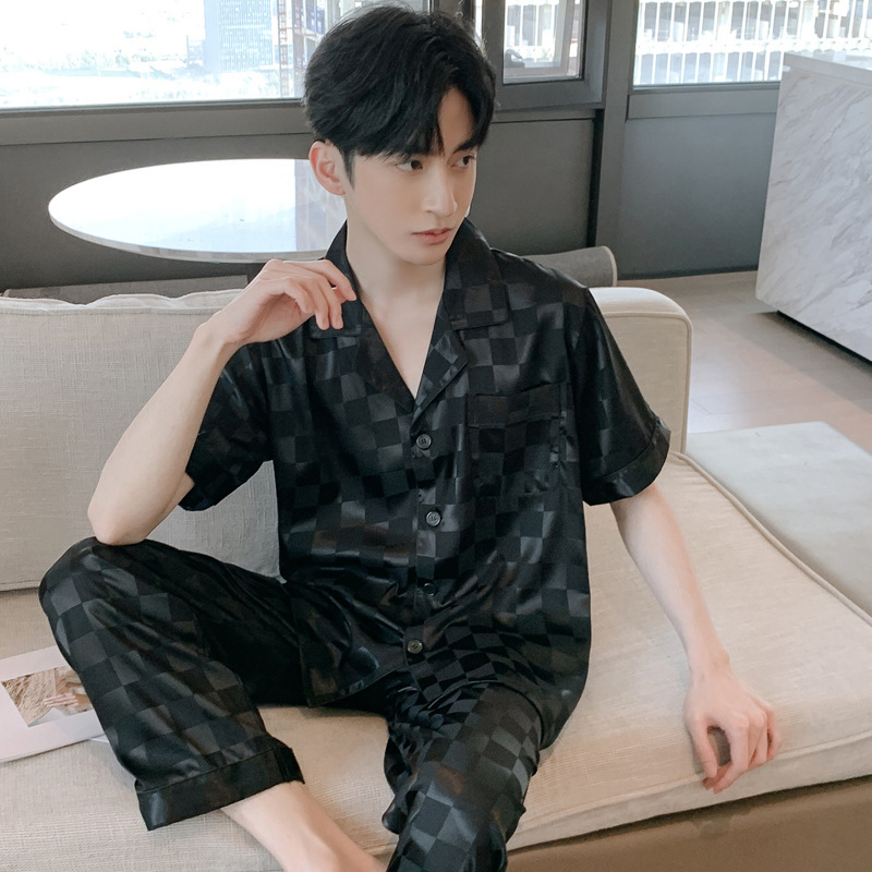 Ice Silk Pajamas Men's Summer Thin Short-sleeved High-end Home Clothes Spring and Autumn Men's plus size and Summer Silk Men's