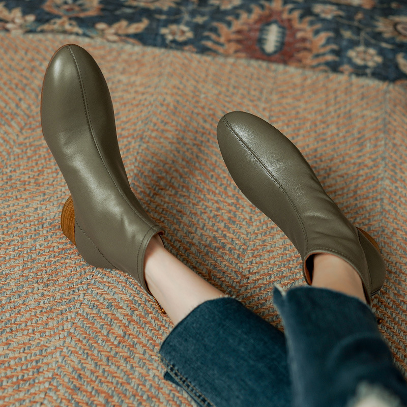 French style ankle boots cowhide women's boots spring and autumn single boots 3CM small heel low waist Martin boots flat round toe chunky heel ankle boots