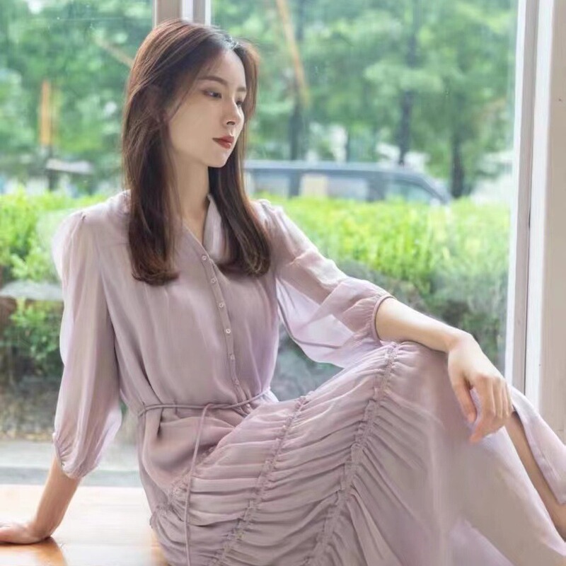 Spring and Summer 2022 New French Lady Style Mulberry Silk Lace-up Long Elegant Heavy Industry Dress Two-color 50175 Spring and Summer 2022 New French Lady Style Mulberry Silk Lace-up Long Elegant Heavy Industry Dress Two-color 50175