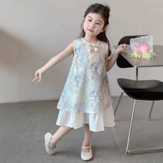 夏款女童连衣裙蕾丝花边无袖花朵背心裙小女孩度假风公主裙
