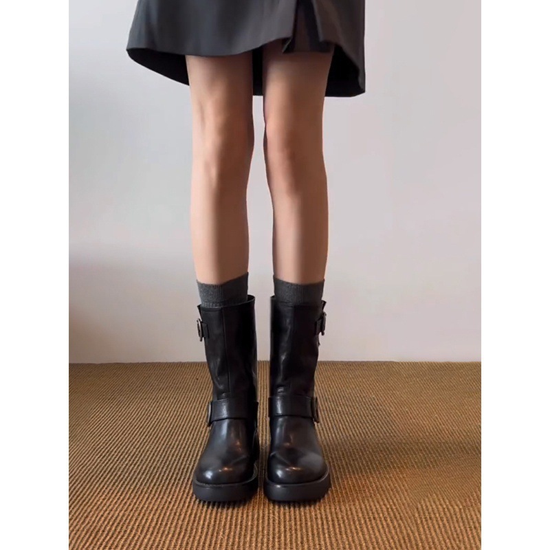 牛皮版复古皮带扣真皮机车靴子马丁靴女百搭英伦风厚底骑士靴短靴|undefined