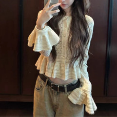 秋上新！私服 镂空钩花荷叶边羊驼毛针织开衫