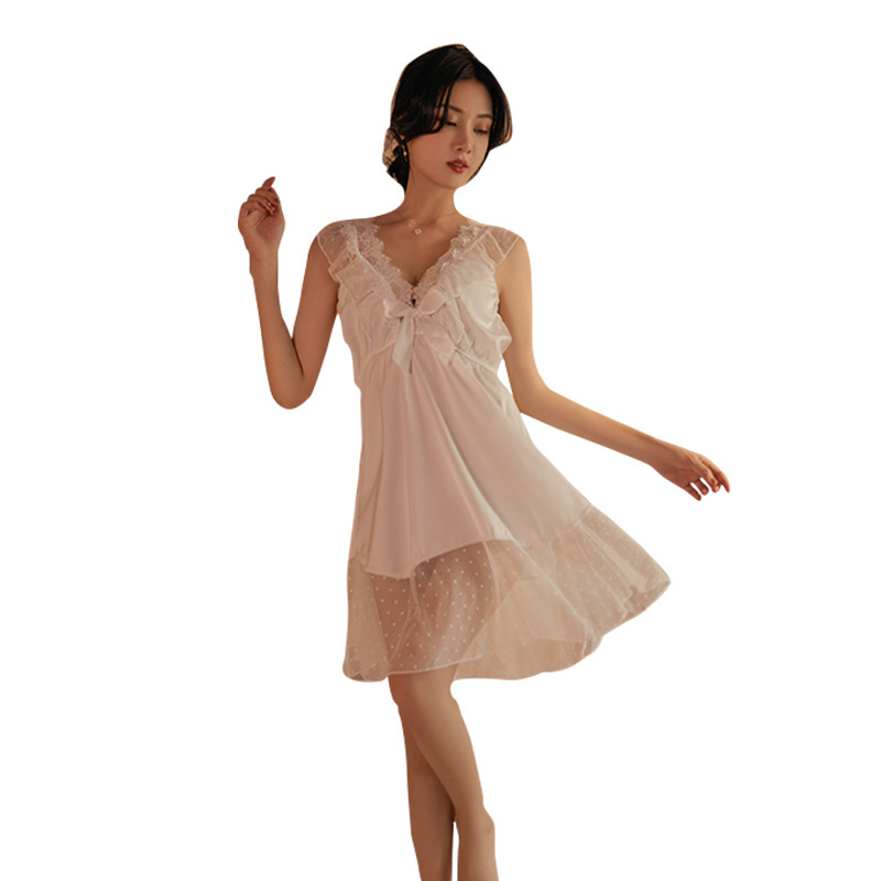 Puro deseo estilo de encaje pijamas de las mujeres del verano de malla delgada Correa Camisón con cuello en V de alto grado desgaste en el hogar tentación emocional