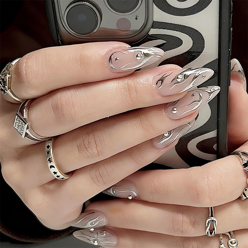 European and American High-End Silver-Plated Flame Rivet Nail Art Nail Tips, Water Drop-Shaped Nail Stickers, Cross-Border Wearable Nail Products European and American High-End Silver-Plated Flame Rivet Nail Art Nail Tips, Water Drop-Shaped Nail Stickers, Cross-Border Wearable Nail Products