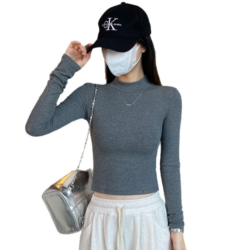 黑色长袖t恤女春秋螺纹半高领打底衫短款内搭中领修身显瘦上衣潮|undefined