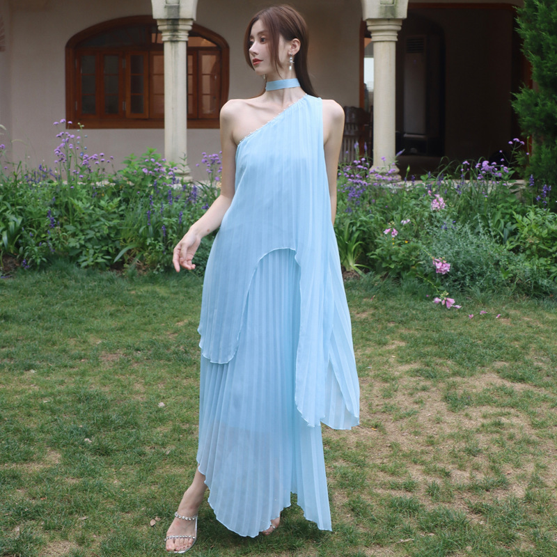 Irregular Suspender Top and Skirt with Pleated Ribbon, Summer Dress with a Complete Set of French Resort Style Super Fairy Long Skirts