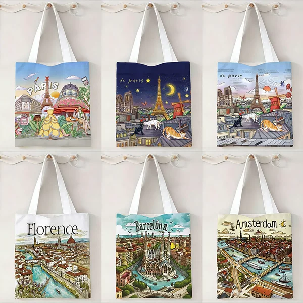 Cross-Border Hot-Selling Retro City Architecture Printed Canvas Tote Bag, Large Capacity Shopping Bag, Custom Canvas Bag