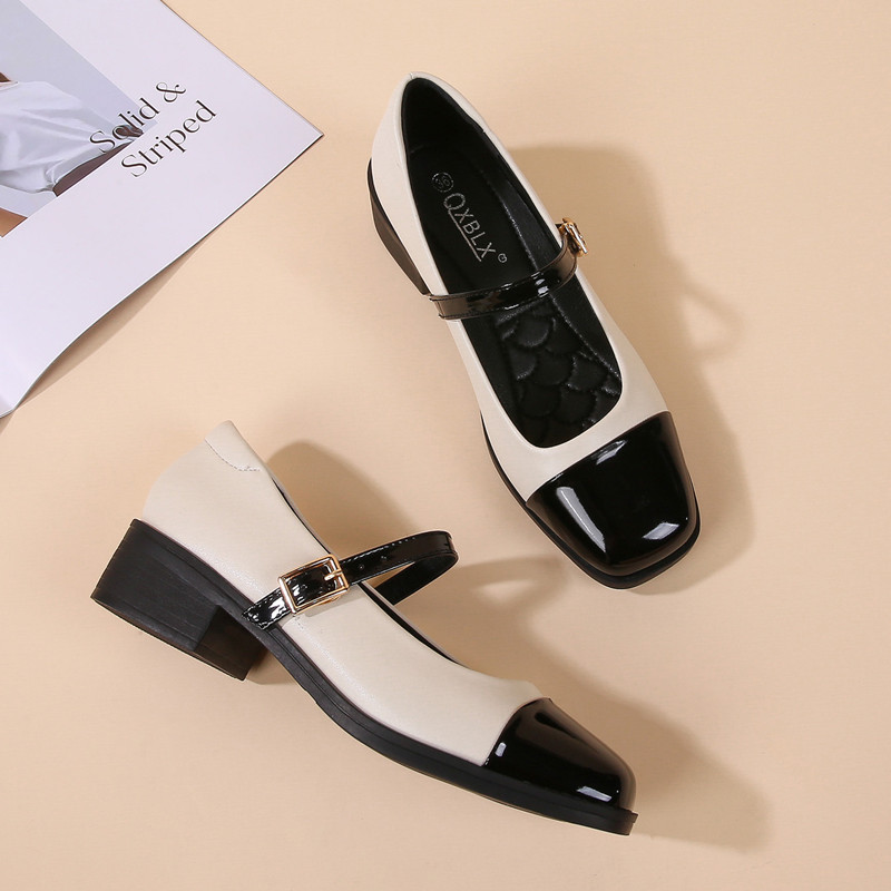 2025春季新款百搭软底软皮拼色黑白小皮鞋中跟单鞋法式玛丽珍女鞋