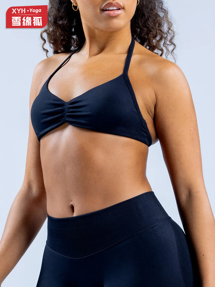 DF mismo estilo de nailon mate de alta elasticidad Amazon cuello halter parte de atrás bonita Sujetador deportivo de secado rápido para correr fitness yoga