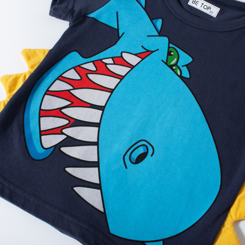 Dinosaurio de dibujos animados impreso de manga corta Camiseta de algodón de verano nuevos niños prendas de punto ropa para niños al por mayor entrega de una sola pieza ins