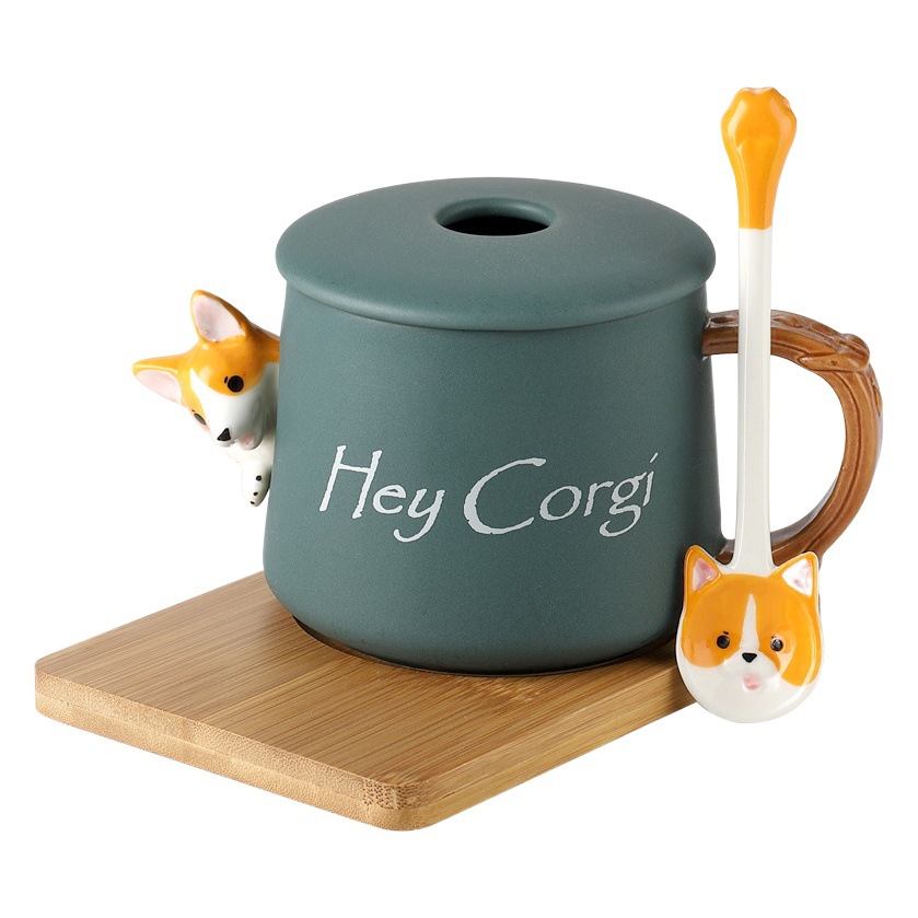Cerámica creativa animal lindo taza con tapa cuchara hogar pareja hombres y mujeres taza de café Corgi regalo