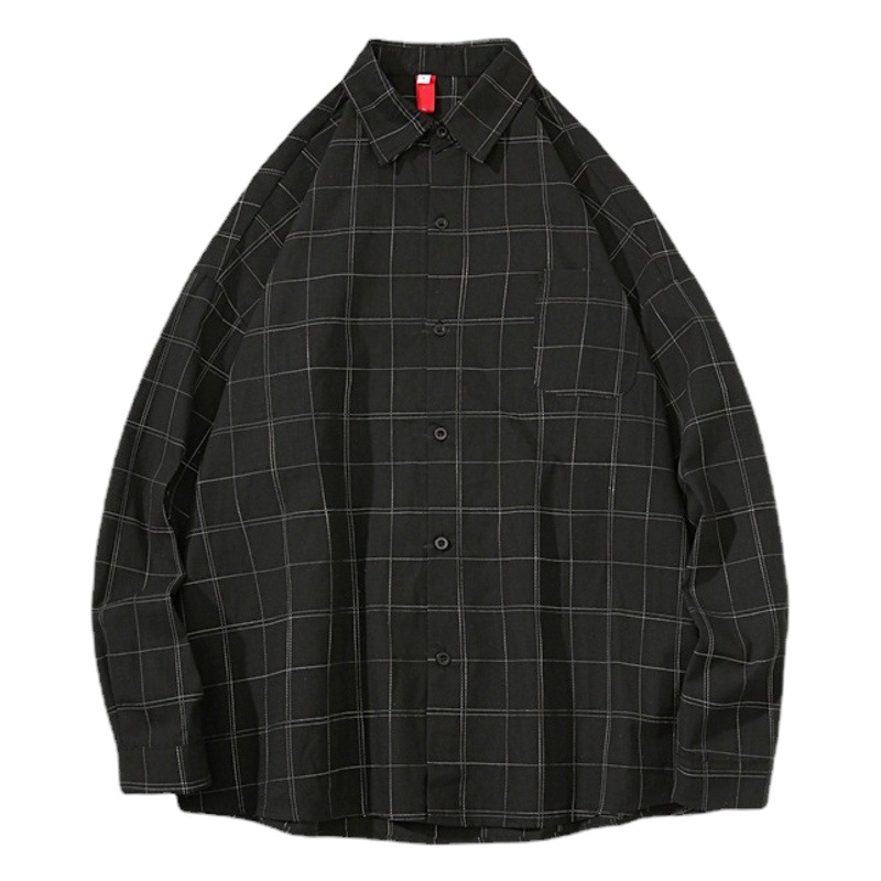 Verano nueva camisa de manga larga hombres sueltos camisa a cuadros Negro estilo coreano de moda guapo primavera y otoño top