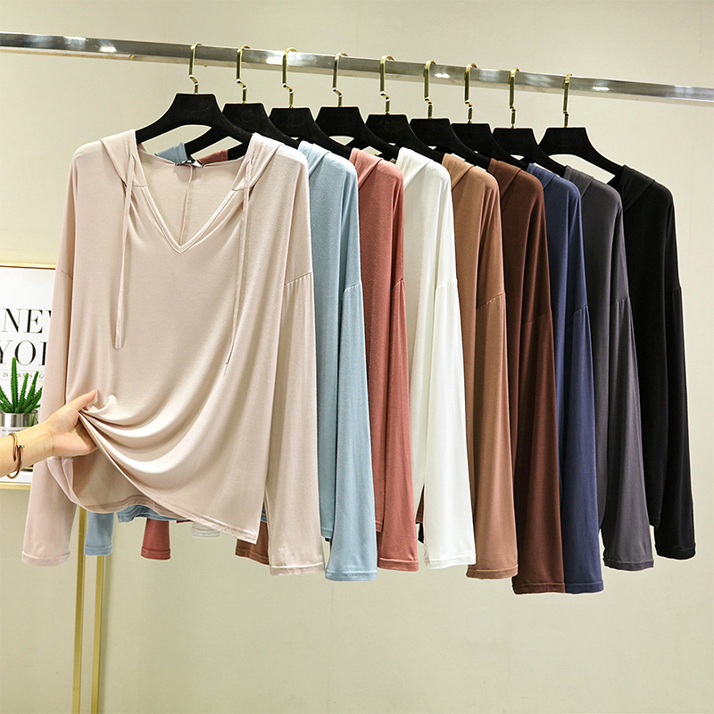 Modal Long-Sleeved T-Shirt for Outerwear, Spring and Summer Large Size Short-Sleeved Loose-Fitting Solid Color Sun Protection Top, Hooded Sweatshirt Modal Long-Sleeved T-Shirt for Outerwear, Spring and Summer Large Size Short-Sleeved Loose-Fitting Solid Color Sun Protection Top, Hooded Sweatshirt