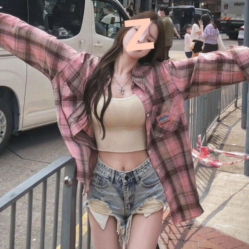 森系橘色格纹衬衫女叠穿年轻ins宽松遮肉显瘦长袖衬衣外搭开衫潮|undefined