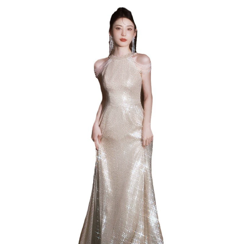 Вечернее платье для женщин на шейке-образной/halter neck, с пайетками шампанское, легкая-роскошь посадка, размеры S–2XL