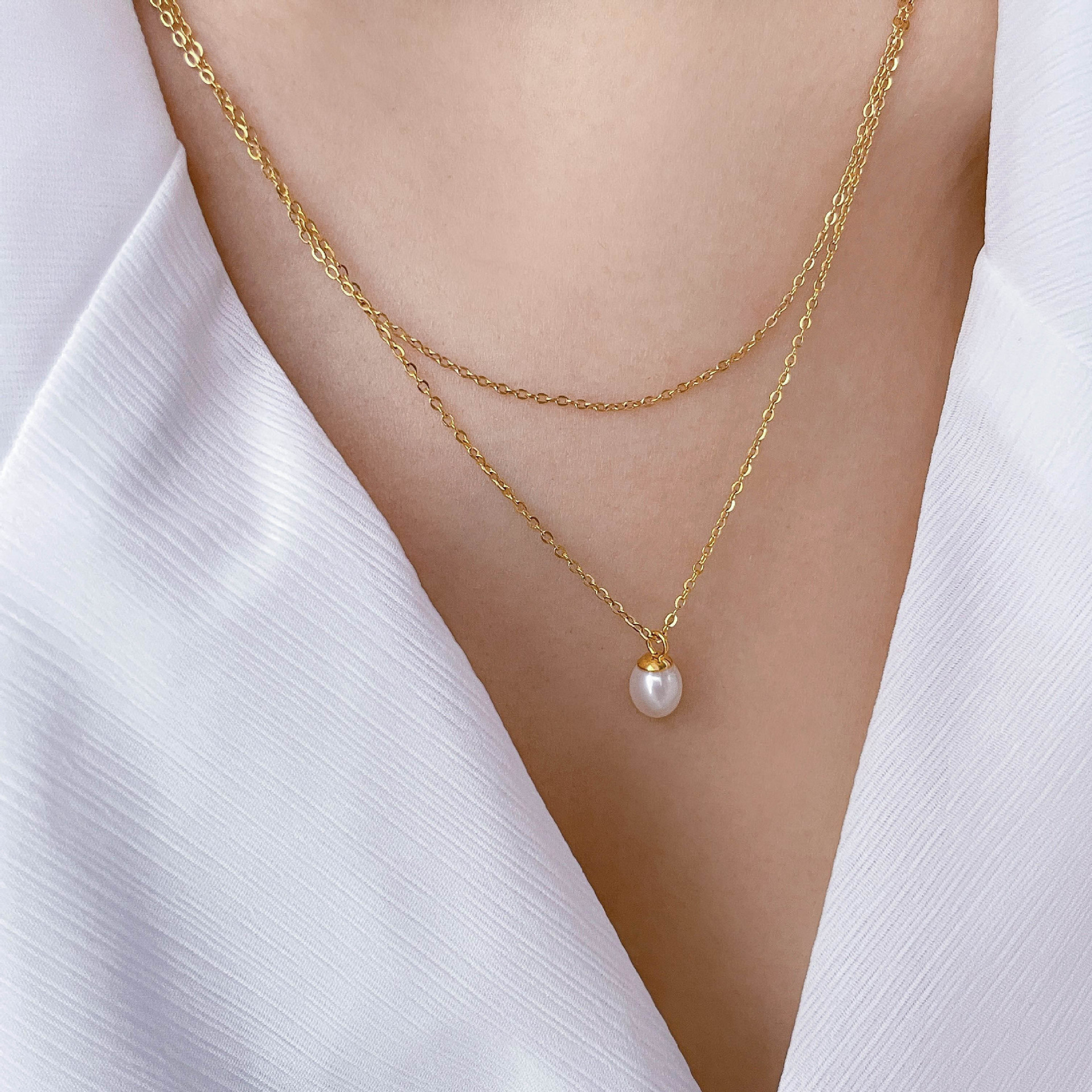 12g Weight Necklace Classification 1 Piece Quantity Banquet Occasion Freshwater Pearl, Titanium Steel Material Geometric Pattern Women's Gender Beaded, Plating Design Elegant Style Elegant Geometric Freshwater Pearl Titanium Steel Beaded Plating Necklace 11