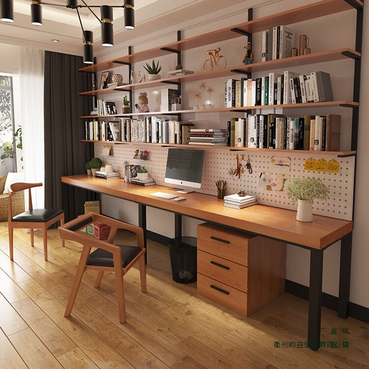Solid Wood Loft Desk with Integrated Bookshelf and Bookcase, Full Wall Perforated Board, Long Narrow Study Room Double Computer Desk