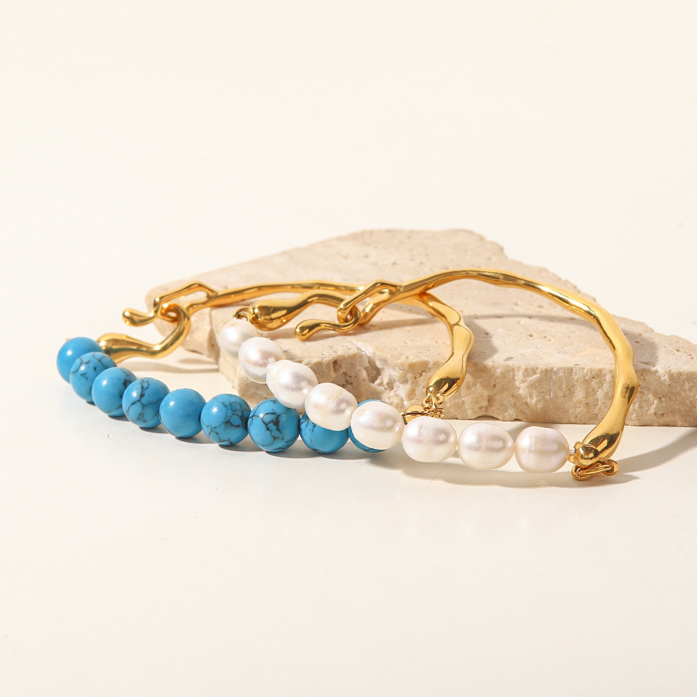 Luxurious Geometric Stainless Steel Gold Plated Turquoise Pearl Bracelets