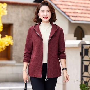 Middle-aged and elderly autumn and winter foreign-style hooded coat women's 2024 new mother solid color zipper top cardigan