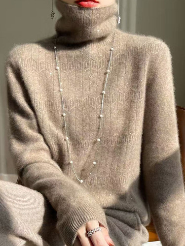 Women's V-neck Wool Knit Sweater, Seamless High Collar Cashmere Knit Top, Premium Style