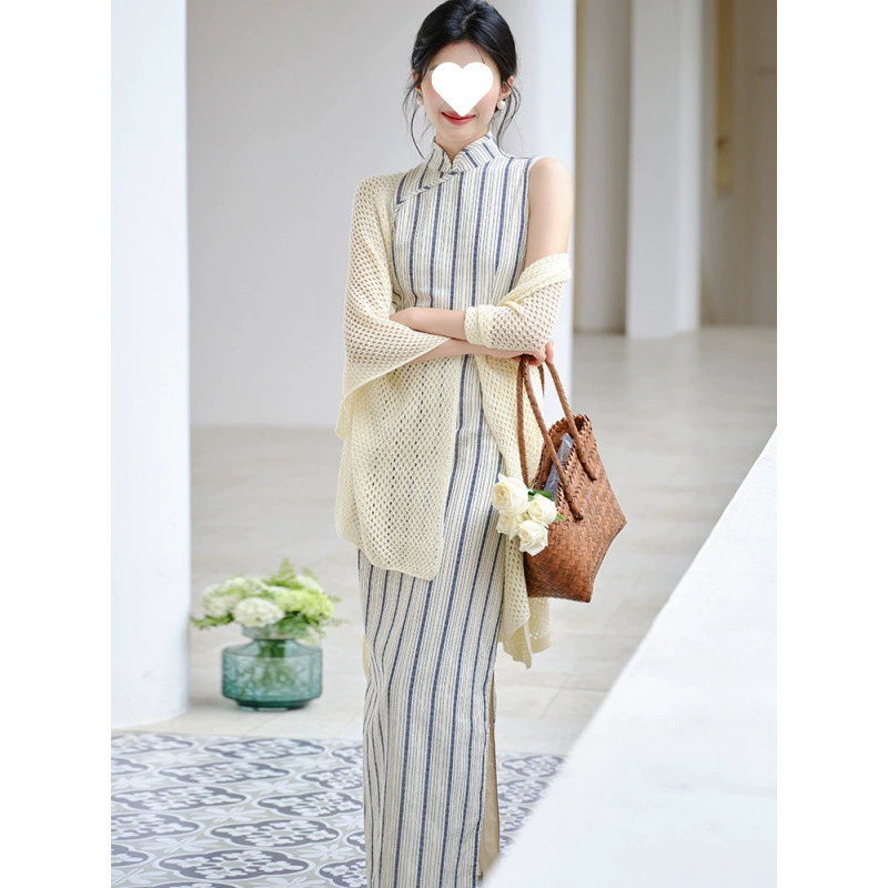 Новое красивое платье Cheongsam в древнем китайском стиле, улучшенное, достойное и элегантное длинное летнее полосатое платье в китайском стиле для молодых девушек