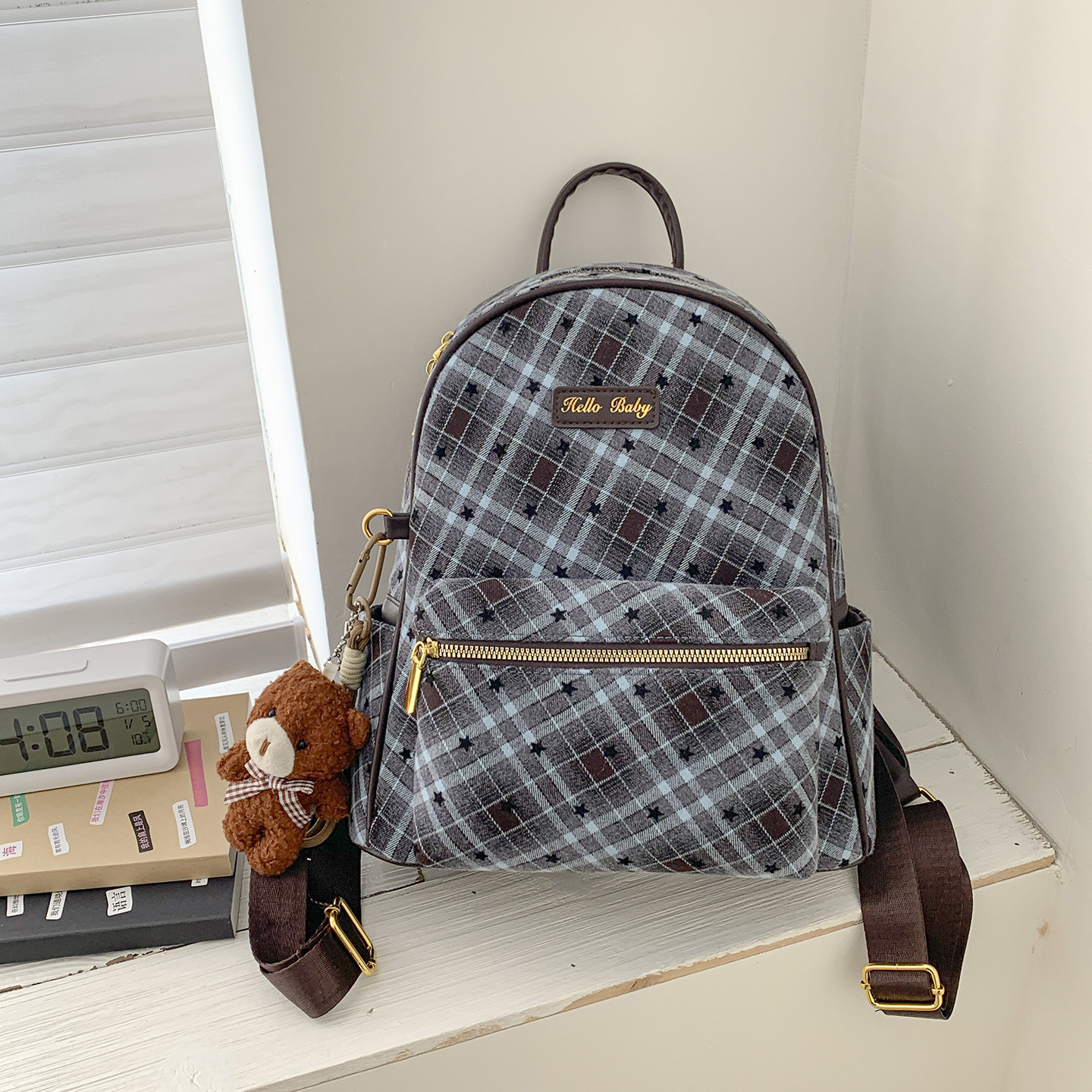 Mochila de estilo universitario de escuela secundaria modesta a cuadrícula empalmada linda pequeña estrella mochila de viaje al trabajo mochila de mujer