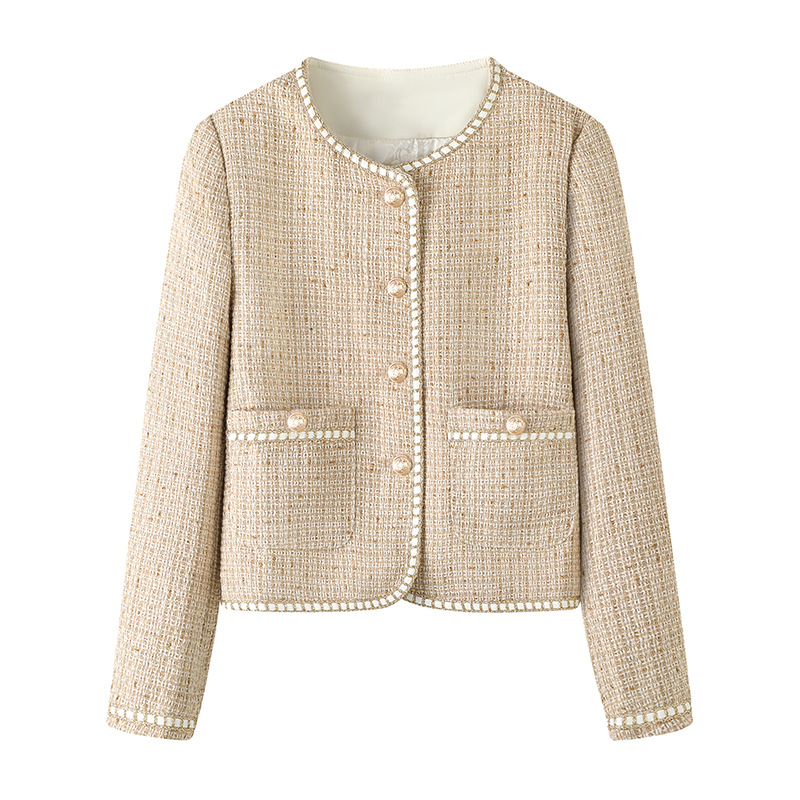 High-End Black Apricot Lace Four-Pocket Pearl Button Autumn and Winter New French Tweed Jacket Top