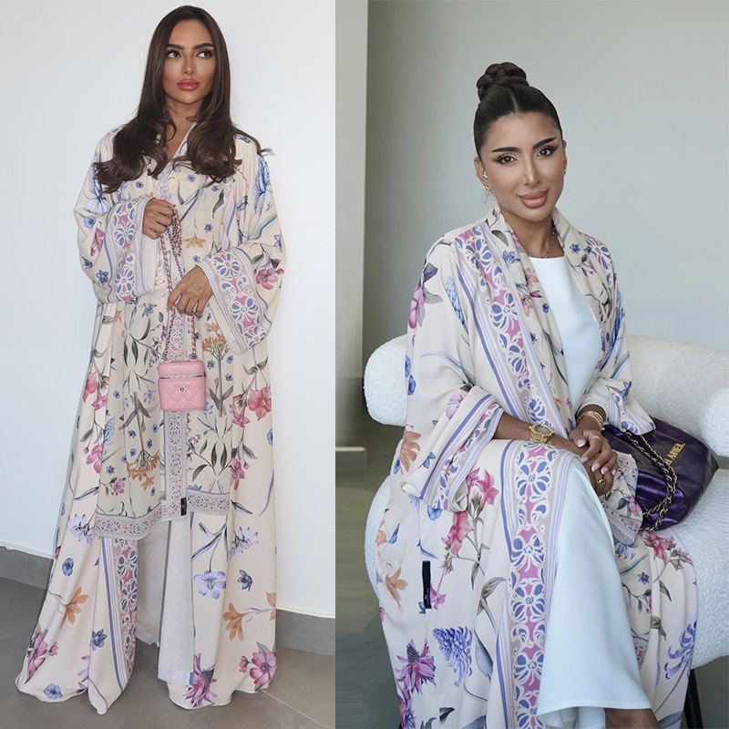 Cross-border Women's Fashion Printed Muslim Cardigan Robe, Middle Eastern Arab Dubai Outfit With Headscarf, Loose Fit_ecoleips.com