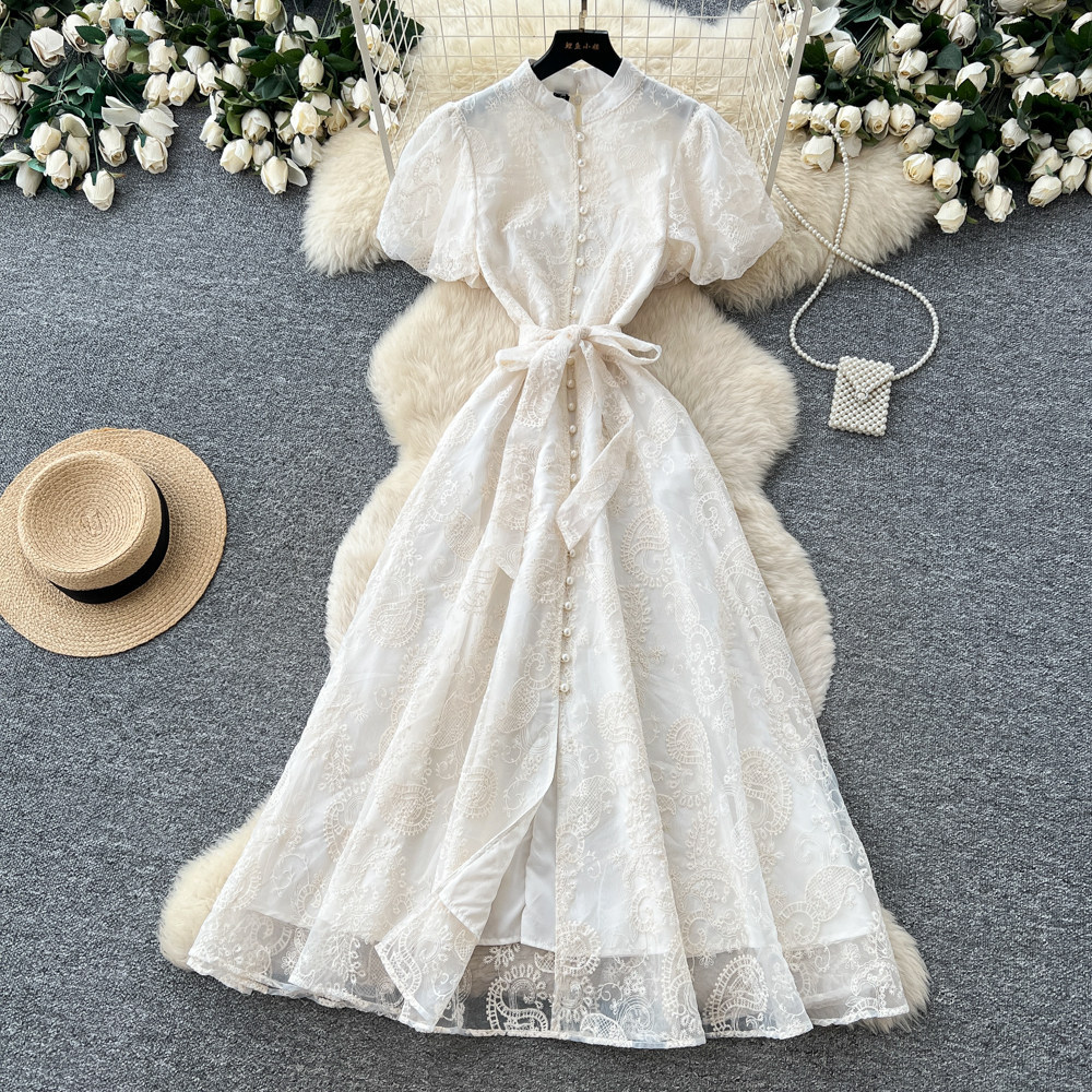 Elegant Lace Embroidered Dress for Women High-Waisted A-Line Skirt Summer Suitable for Commuting And Banquets_ecoleips.com