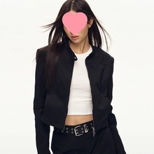 美式复古甜酷辣妹风黑色立领短款外套女春季修身显瘦夹克上衣潮