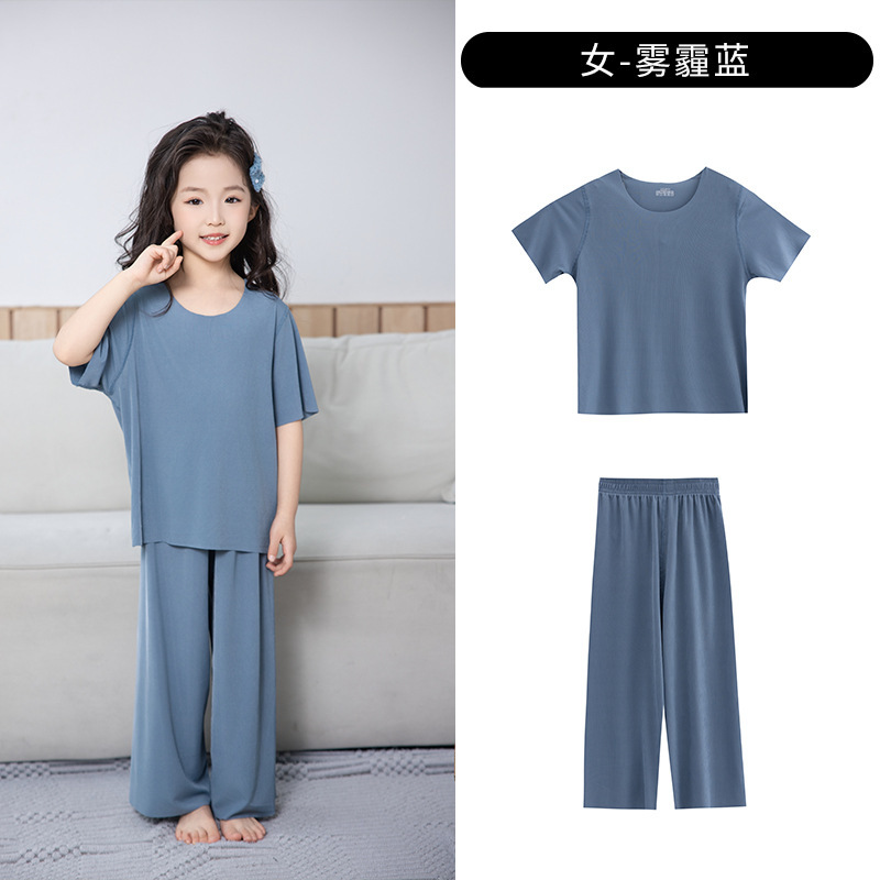 夏の新しい男の子半袖ルーズシームレスアイスシルクホーム服子供のツーピース女の子パジャマセット 01|undefined