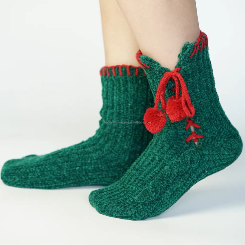 Super Soft Winter Slippers Women Socks Non-Slip Sustainable Knitted Cable Floor Plaid Floor Socks Ankle Long Mid Tube Socks