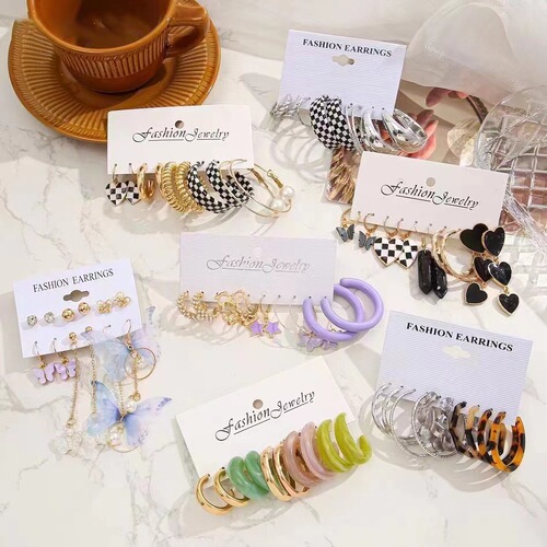 Cross-border new retro earrings set of 5 pairs creative personalized chessboard butterfly C-type earrings