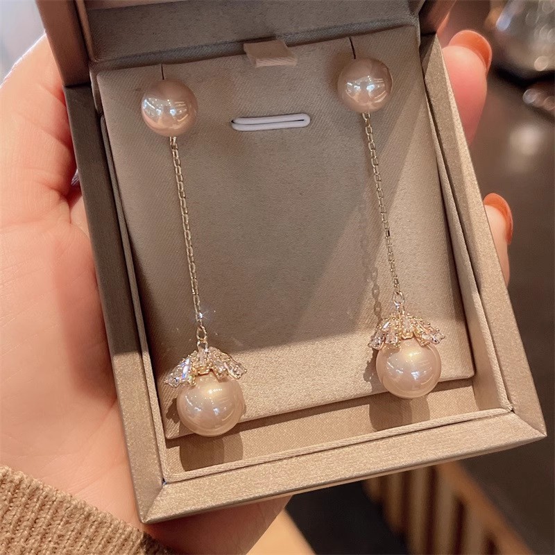 S925 スターリングシルバー針ロングタッセルパールイヤリング女性のための真のゴールド電気メッキハイエンド絶妙なジルコンイヤリングイヤリング|undefined