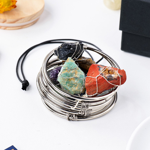Natural crystal raw stone ring pendant seven-color raw stone diy bohemian style home wind chime pendant wall decoration