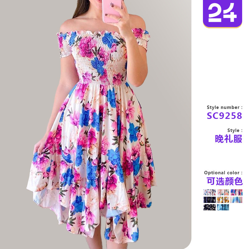 2026 European and American Cross-Border Amazon Ebay Dress One-Shoulder Irregular Off-Shoulder Digital Print Mid-Length Dress