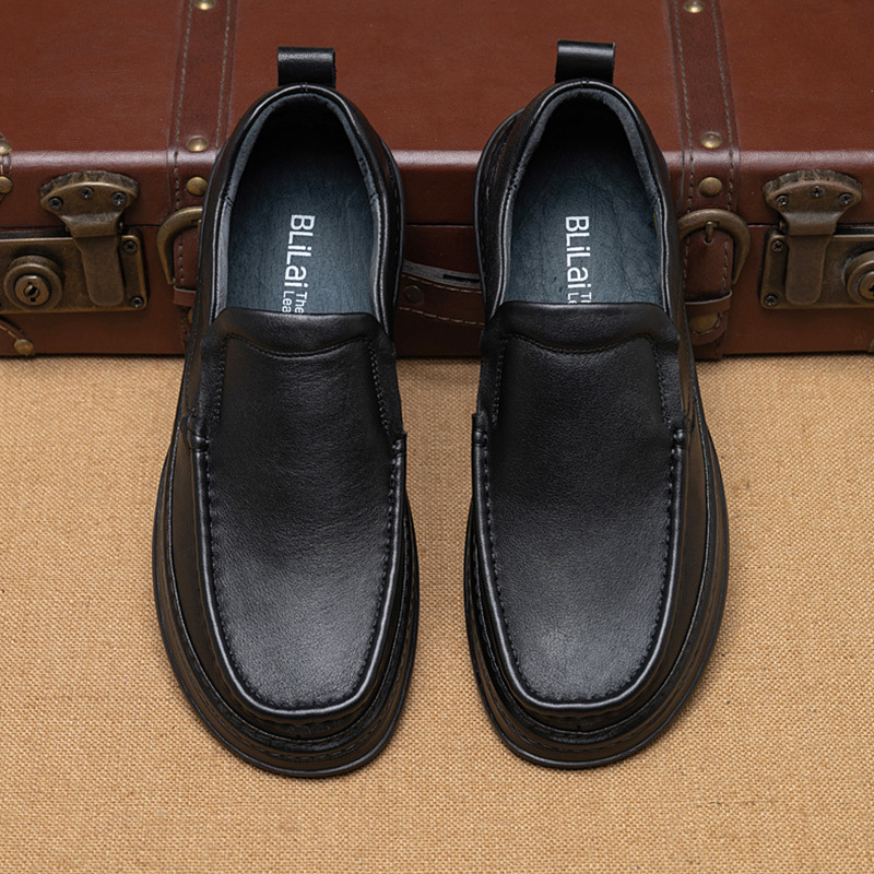 春秋款男士休閒皮鞋男真皮軟底一腳蹬上班鞋厚底商務中年爸爸皮鞋