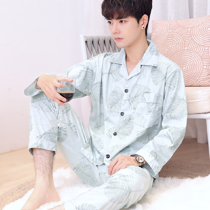 Transmisión en vivo de nuevos pijamas de hombre primavera y otoño de tamaño grande casero ocio relajado dos piezas de ropa de casa para hombres micro comercio