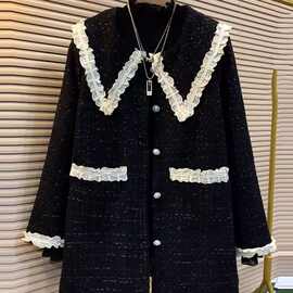 大码女装娃娃领拼色蕾丝边中长款小香风外套胖妹妹时尚春秋款外套