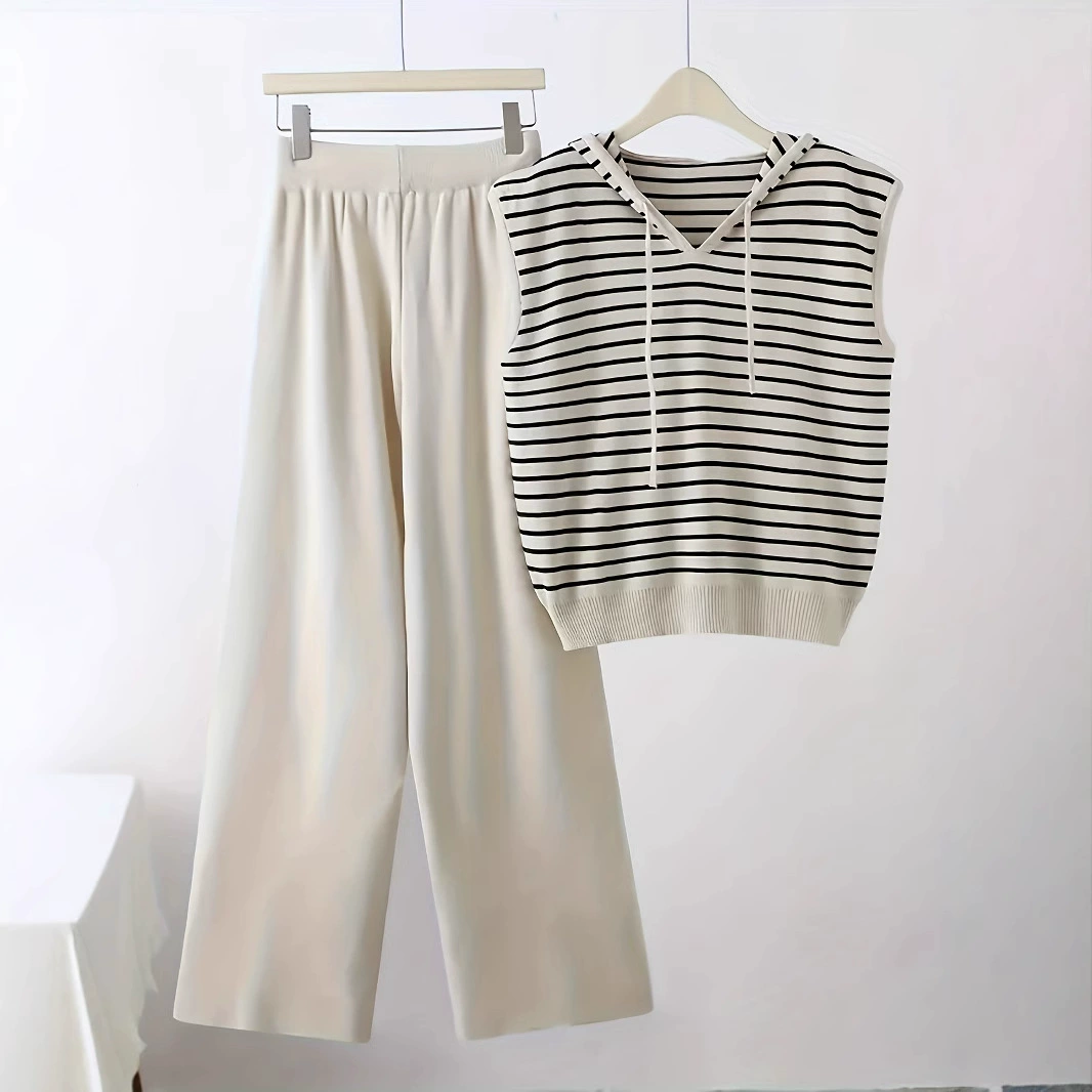 Хит продаж Amazon: модный трикотажный жилет облегающего кроя для женщин с брюками прямого кроя с высокой талией, комплект из двух предметов.