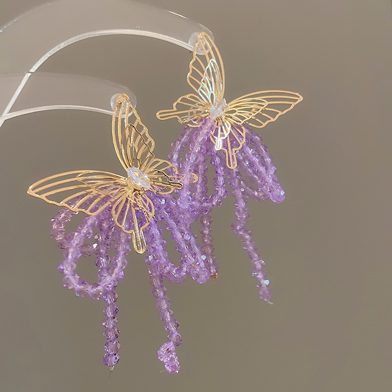 Pendientes de borla de cristal de mariposa de circón de aguja de plata Pendientes de lujo ligero de moda francesa Pendientes de temperamento femenino Sensación de clase alta de nicho