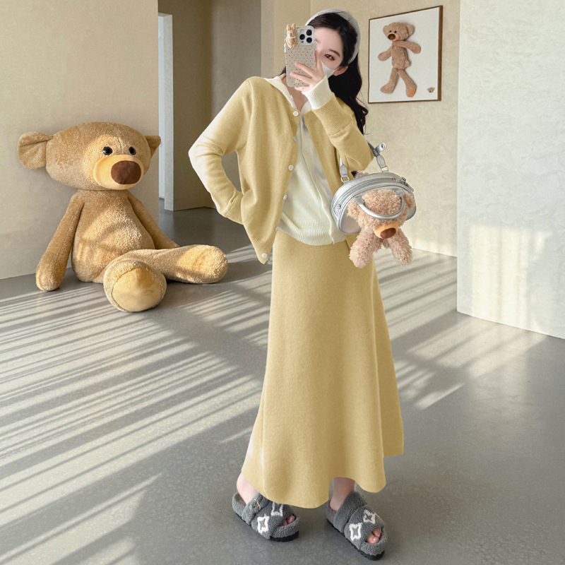 孕妇装2025秋冬新款甜美韩版时尚假两件外套+托腹调节半身裙套装|undefined