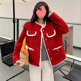 中国红小香风羊羔毛外套女秋冬皮毛一体小个子短款潮甜美跨境直播
