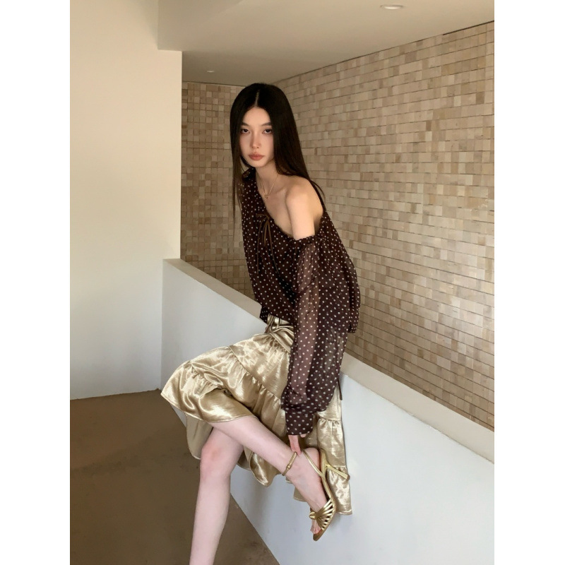 Brown Polka Dot Multi-Wear Lace-Up Long-Sleeved T-Shirt Top + Gold Pleated Drawstring Waist Layered Skirt