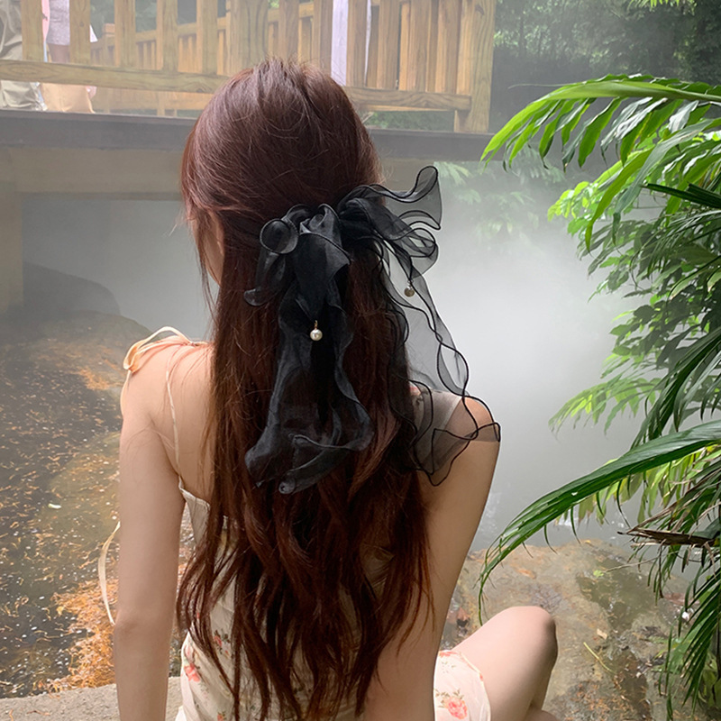 超仙の長い蝶結びのリボンのヘアピンの夏の甘い網の紗の少女のヘアピンの後頭部のスプリングのクリップの頭飾り|undefined