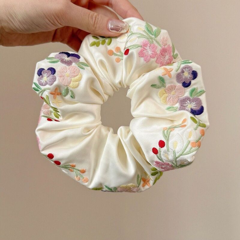 New Chinese-Style High-End Embroidered Hair Tie, Korean-Style Sweet Floral Fabric Bun Hairband with Satin Texture for Women